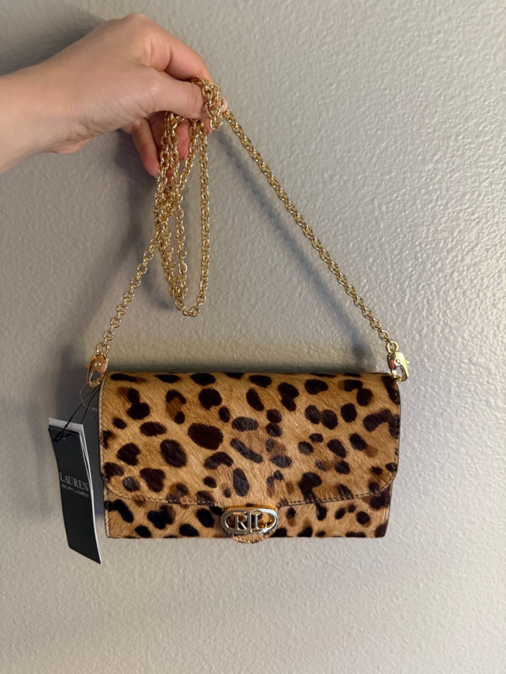 Ralph Lauren Leopard Print Chain Strap Crossbody - Tan & Black